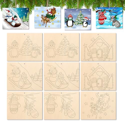 10 Pieces Large Christmas Unfinished Wood Crafts to Paint for Adults