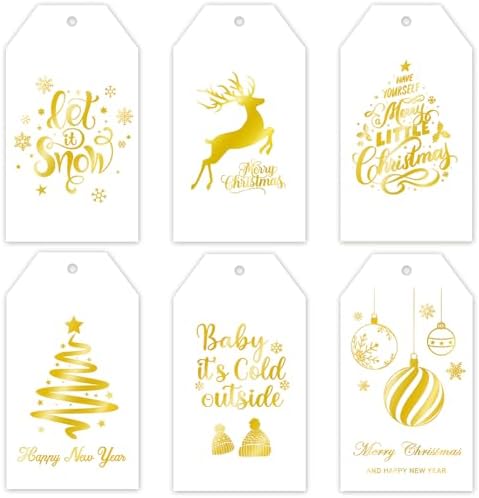 120Pcs Christmas Gift Tags Merry Christmas Gold Foil Paper Tags Holiday Hang Name Tag with Strings Label for Xmas Winter Birthdays Holidays Weddings