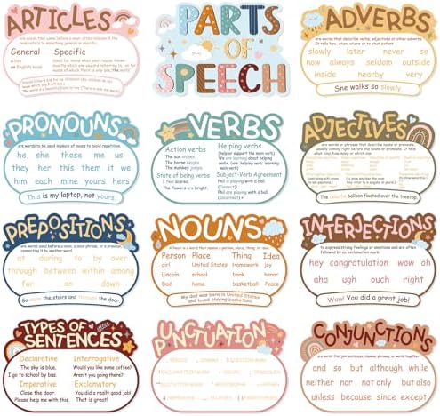 12Pcs Parts of Speech Posters Grammar Poster Educational Grammar Cutouts Bulletin Board Set English Grammar Chart Language Art Bulletin Board Decor