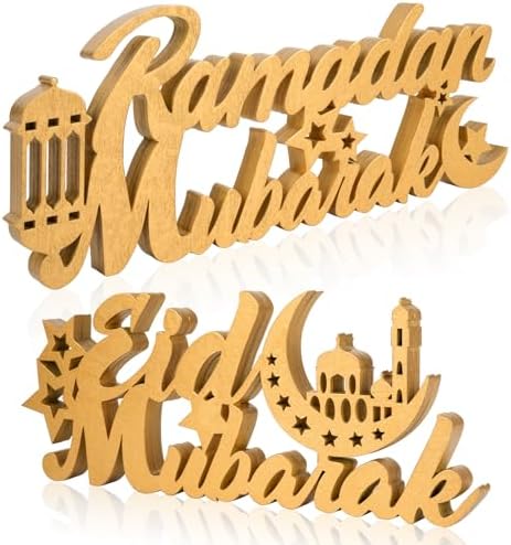 2 Pcs Islamic Tabletop Decors Ramadan Mubarak Wood Sign Eid Mubarak Wooden Table Centerpiece Ramadan Decorations for Home Islamic Home Decor