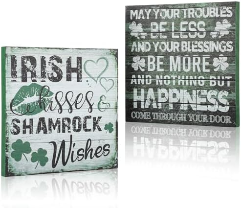 2 Pieces St Patrick's Day Decorations Shamrock Wood Blessing Box Signs Irish Table Decor Wood Block Plaque