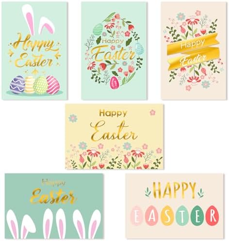 24 Pack Happy Easter Cards with Envelope Gold Foil Colorful Greeting Cards Easter Egg Floral Bunny Note Cards for Classroom Exchange Party Supplies