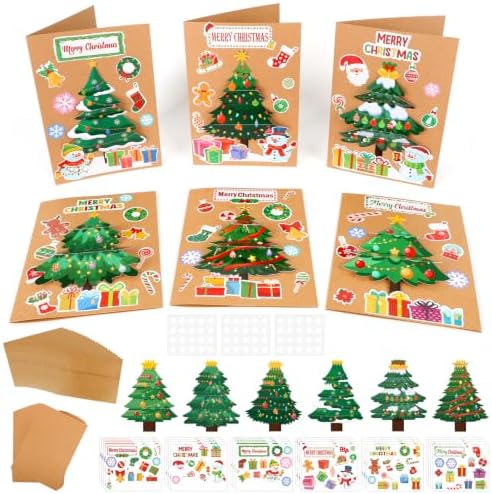 24 Sets Christmas Card Making Kits 3D Christmas Tree Card Making Craft Kits for Kids Holiday Greeting Cards Bulk for Home Classroom Activities