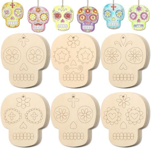 24PCS DIY Day of the Dead Sugar Skull Wood Crafts to Paint Set | Día De Los Muertos Unfinished Wooden Craft for Painting