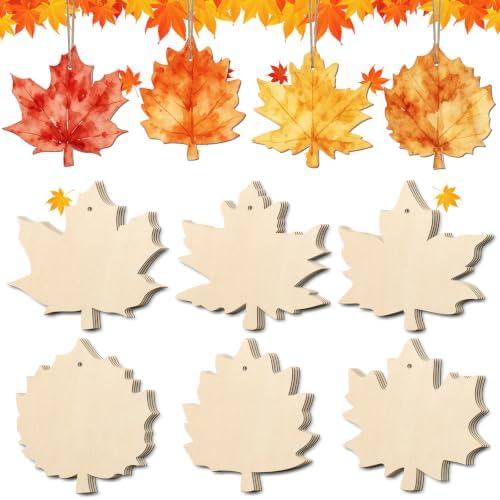 24PCS Fall Thanksgiving Leaves Wood Crafts to Paint Set | Autumn Leaf Unfinished Wooden Craft for Painting