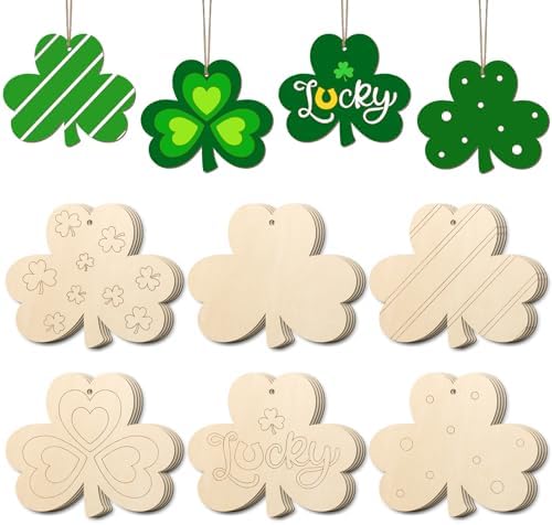 24PCS St. Patrick's Day Shamrock Wood Crafts to Paint Set | Saint Patrick Unfinished Wooden Craft for Painting