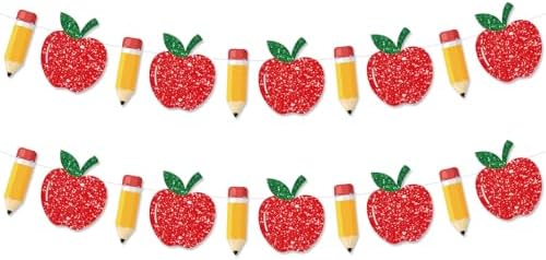 2Pcs Apple Pencil Banner for Back to School Decorations Pre-Strung Glitter First Day of School Decorations Back To school Garland for for Teacher Classroom Party Supplies