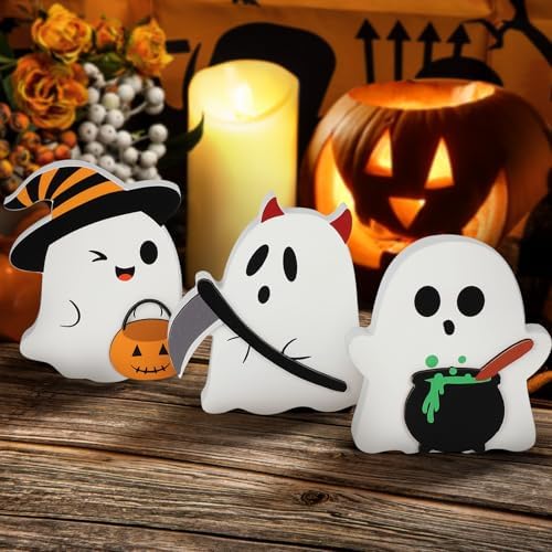 3 Cute Ghost Halloween Decorations Indoor Set Ghosts Table Sign | Wooden Ghost Tiered Tray Decor Black Cat Witch Broom J-O-Lantern Blocks Sign for Home Office Boo Day Party Decoration