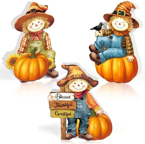 3 Pcs Fall Decorations for Home Wooden Fall Scarecrow Decor Vintage Fall Tiered Tray Decorations Thanksgiving Scarecrow Pumpkin Sign Autumn Gifts for Home Table Shelf Farmhouse Harvest Party Supplies