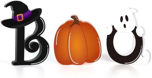 3 Pcs Halloween Table Decorations Indoor Halloween Cute Ghost Decorations Wooden Boo Signs Rustic Halloween Table Centerpiece for Home Shelf Mantel Tabletop Windowsill Party