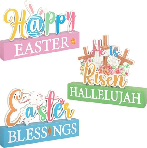 3 Pcs Happy Easter Decorations for Home Eggs Bunny Cross Wooden Table Sign Religious Centerpiece for Table Farmhouse Vintage Blocks for Spring Tiered Tray Decor Home Kitchen Shelf Decor