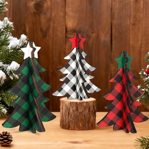 3 Pcs Wooden Christmas Trees Tabletop Decor Rustic Merry Christmas Centerpieces for Tables Xmas Centerpiece for Tiered Tray Winter Home Office Farmhouse Decor