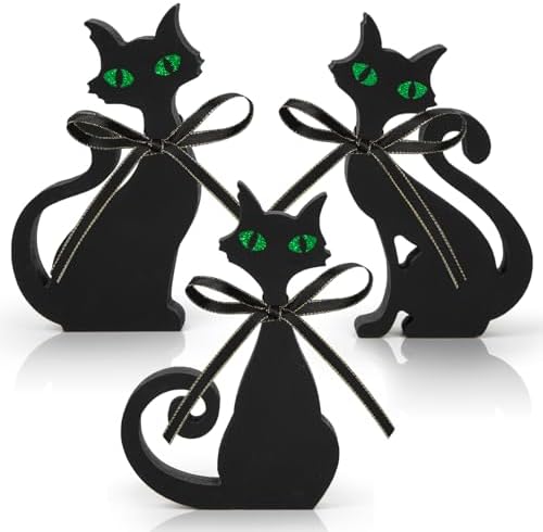 3 Spooky Black Cat Halloween Table Decorations Indoor Set | Wooden Black Cats Tiered Tray Decor Set with Ribbons