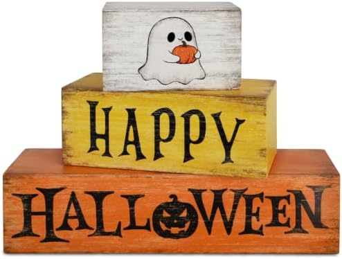 3 Wooden Vintage Happy Halloween Decorations Table Centerpiece Sign Set | Farmhouse Orange Yellow J-O-Lanten Ghost Signs Decorations for Home