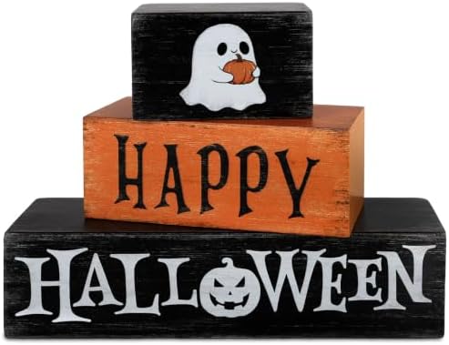 3 Wooden Vintage Happy Halloween Decorations Table Centerpiece Sign Set