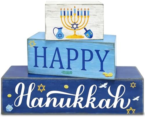 3 Wooden Vintage Happy Hanukkah Decorations Table Centerpiece Sign Set