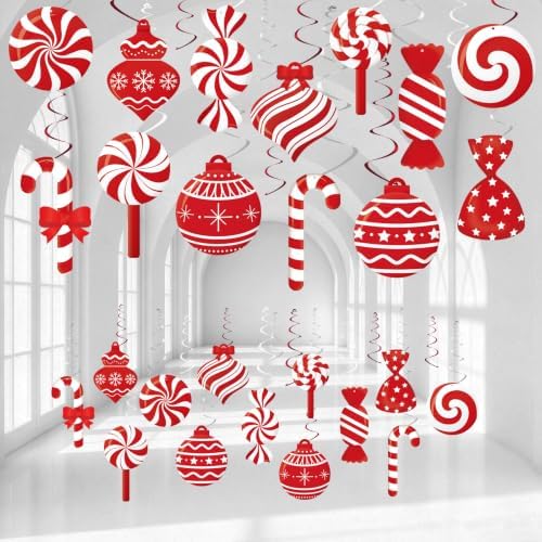 30Pcs Christmas Hanging Swirl Decoration Xmas Hanging Decorations | Merry Christmas Peppermint Candy Decorations for Baby Shower Hanging Decor Birthday Wedding Party Supplies