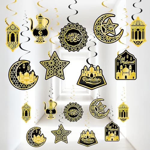 30Pcs Ramadan Mubarak Decorations for Home Eid Mubarak Hanging Swirl Decor Islamic Star Moon Ceiling Decoration for Eid Al-fitr Party Egyptian Holiday Supplies