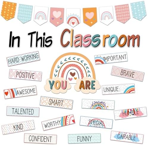 31 Pcs Bulletin Board Decorations Set Boho Classroom Decor Rainbow Motivational Word Wall Bulletin Board Set for Teachers School Chart Wall Supplies
