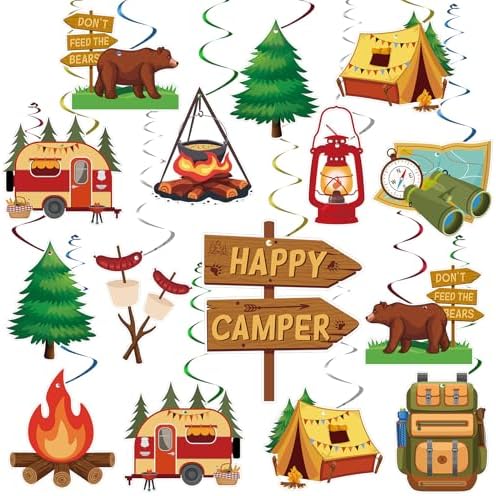 33Pcs Happy Camper Party Decorations Camping Decorations for Party Camping Hanging Swirls One Happy Camper Birthday Decorations Adventure Party Ceiling Streamers for Boys Girls Kids Baby Shower Decor
