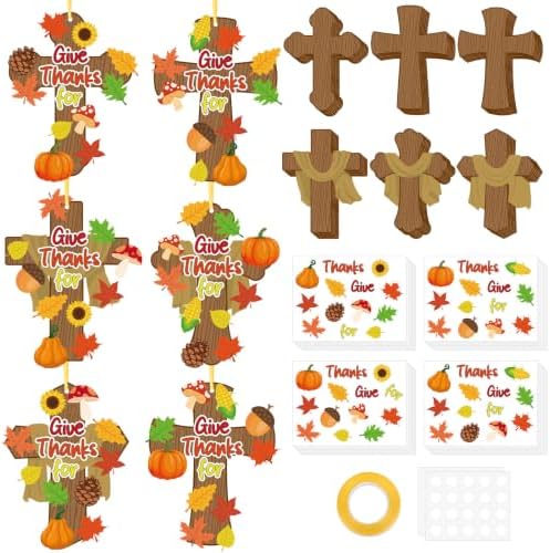 36 Sets Thanksgiving Crafts for Kids Fall Hanging Crafts Sunday School Craft for Kids DIY Christian Cross Crafts Religious Give Thanks Hanging Ornament for Classroom Home Church Party Activity