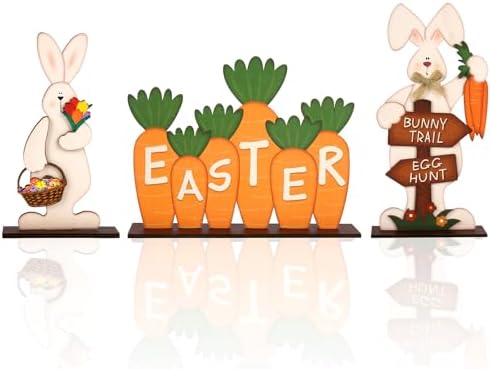 3Pcs Easter Decorations for Home Wooden Bunny Table Sign Easter Egg Hunt Tabletop Centerpiece Eggs Carrot Rustic Farmhouse Decor