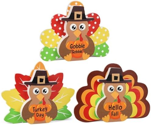 3Pcs Thanksgiving Decorations for Home Turkey Wooden Block Sign Harvest Day Fall Decor Indoor Fall Tiered Tray Decor Turkey Ornament for Autumn Table Centerpiece