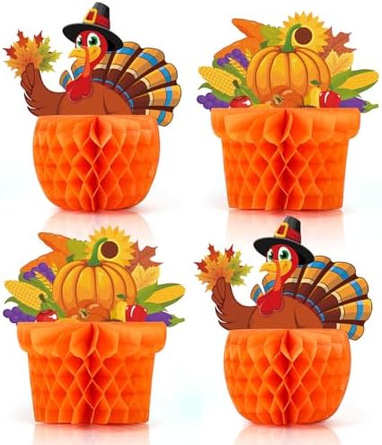 4 Pack Large Thanksgiving Honeycomb Turkey Centerpiece Thanksgiving Table Decor Fall Harvest Pumpkin Turkey Figure Honeycomb Standing Decorations for Fall Home Kitchen Tabletop Decor