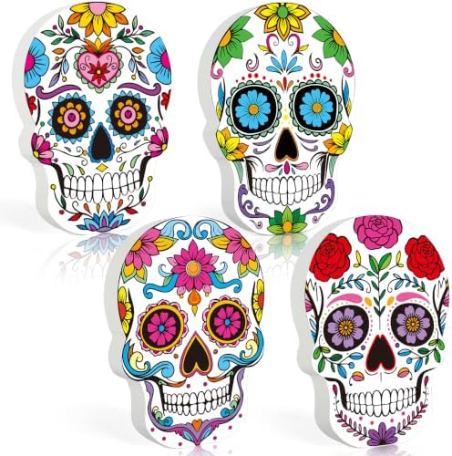 4 Pcs Day of the Dead Decorations Indoor Mexican Dia De Los Muertos Decorations Wooden Sugar Skull Table Centerpiece for Halloween Mexican Fiesta Carnival Party Supplies