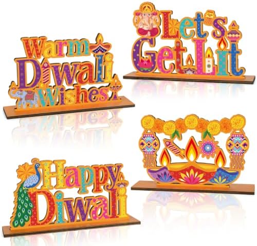 4 Pcs Diwali Decorations for Home Happy Diwali Wooden Table Sign Let's Get Lit Warm Wishes Light Candle Henna Wooden Decor for Traditional Festiva Deepawali Celebration Party Supplies