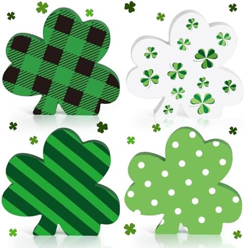 4 Pcs St. Patrick's Day Table Decor Wooden Shamrock Decorations Irish Clover Table Centerpiece Green Clover St Patricks Day Tiered Tray Decor for St Patrick's Home Office Desk Decor
