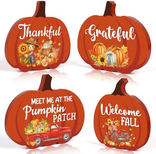 4 Pcs Thanksgiving Pumpkin Decor Vintage Thanksgiving Tiered Tray Decor Thankful Grateful Tabletop for Autumn Farmhouse Fall Harvest Party Rustic Home Room Table Shelf Halloween Decorations