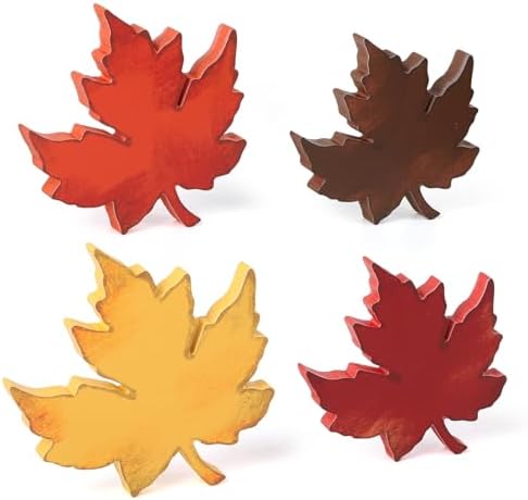 4 Vintage Fall Leaves Decorations for Home Office Thanksgiving Table Decor | Farmhouse Wooden Maple Leaf Signs Block Set for Tiered Tray Mantle Party Shelf Display
