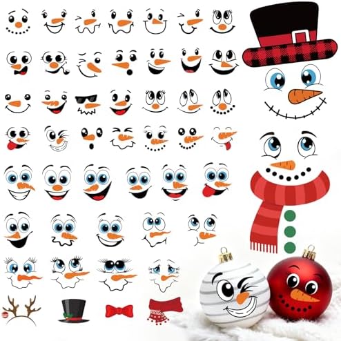 45PCS Snowman Face Stickers for Crafts Christmas Snowman Face Decals for Xmas Ball Ornaments Glass Water Bottles Cup DIY Christmas Tree Ornaments Decorations