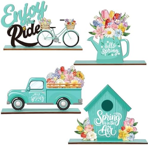 4Pcs Spring Decorations for Home Hello Spring Easter Wooden Table Decorations Floral Truck Table Centerpieces for Office Desk Farmhouse Home Kitchen Tiered Tray Decor Shelves Table Decorative