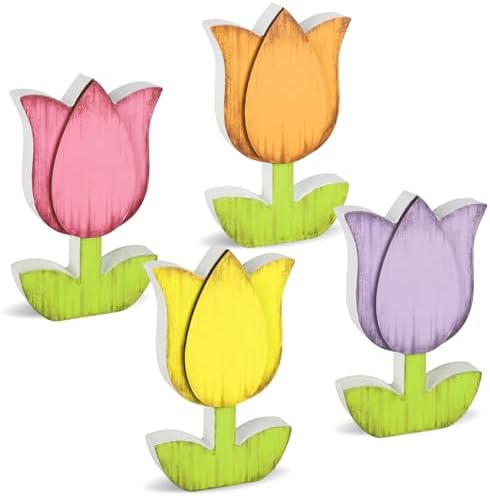 4Pcs Spring Decorations for Home Tulips Wooden Table Signs Rustic Spring Decor Colorful Floral Tabletop Centerpiece Retro Farmhouse Floral Block Sign Flower Tabletop Decor for Home Office Tiered Trays