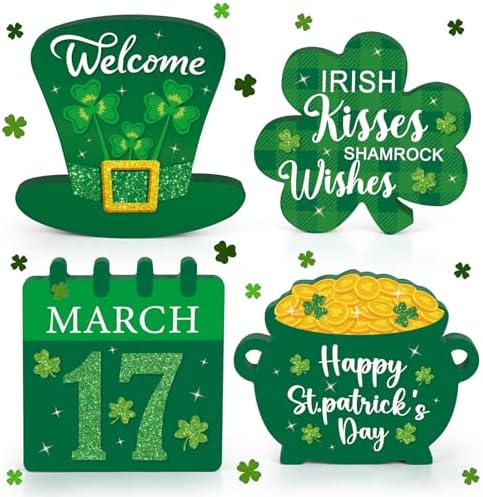 4Pcs St. Patrick's Day Wooden Table Sign Lucky Shamrocks Tiered Tray Decor Irish Tabletop Decoration for Home Shelf St Patricks Day Party Supplies