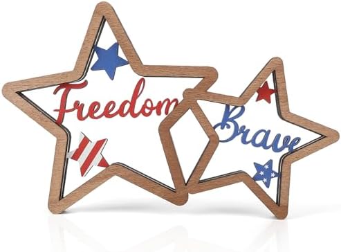 4th of July Decorations Patriotic Memorial Day Wooden Star Tiered Tray Decor