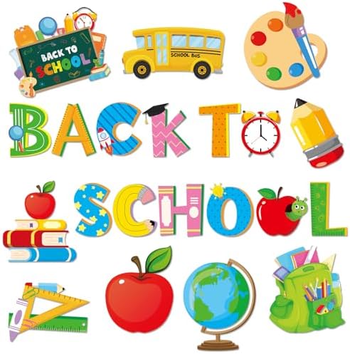 51Pcs Back to School Cutouts First Day of School Bulletin Board Decoration Pencil Paper Cut-Outs School Bus Theme Wall Decal for Teacher Students Classroom Game Party Supplies
