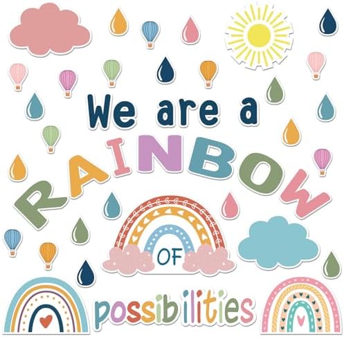 58 Pcs Rainbow Bulletin Board Set Decorations Boho Classroom Decor Motivational Wall Decals We are A Rainbow of Possibilities Cutouts for Birthday Party School Nursery Decor