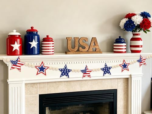 6.5Ft 4th of July Decorations Patriotic Garland with Wood Bead Felt Independence Day Banner