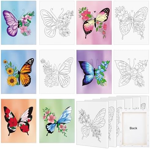 6 Pack 11x14 Inches Butterfly Flower Pre Drawn Canvas to Paint for Sip and Paint Party
