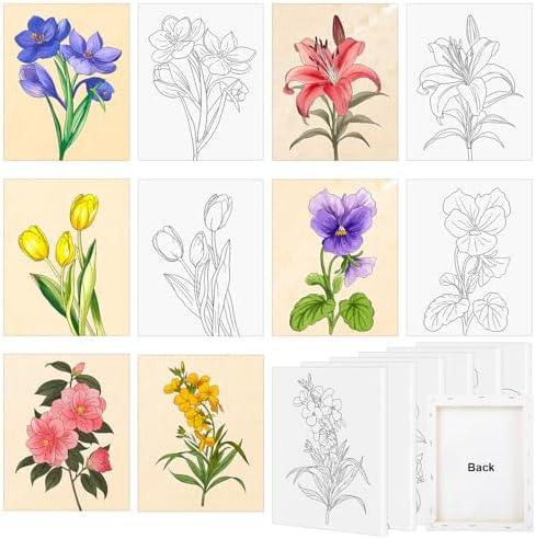 6 Pack 8x10 Inches Flower Pre Drawn Canvas to Paint for Sip and Paint Party