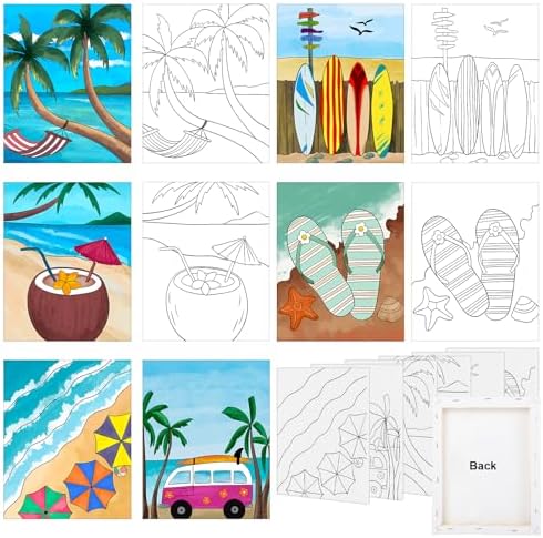 6 Pack 8x10 Inches Summer Beach Pre Drawn Canvas to Paint for Sip and Paint Party