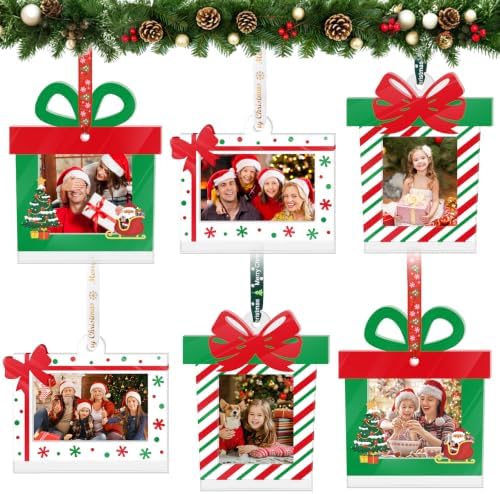 6 Pcs Christmas Acrylic Picture Frame Ornaments Xmas Photo Ornament Vintage Christmas Tree Decor for Tree Winter Decorations Indoor Outdoor Home Party Supplies