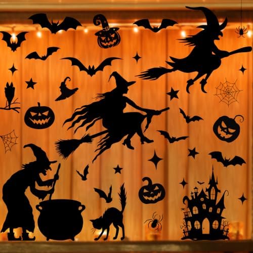 6 Sheets Large Witch Bats Window Clings Black Halloween Decorations Set