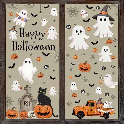 6 Sheets Vintage Halloween Window Clings Spooky Ghost Decorations Set | Large Reusable J-O-Lantern Pumpkin Window Cling