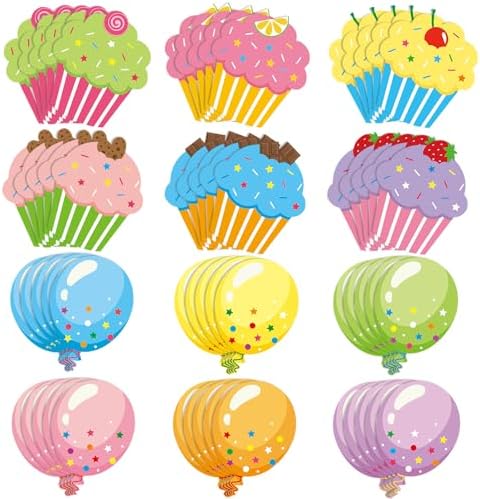 60Pcs Colorful Balloon Cutouts Birthday Classroom Bulletin Board Decorations Cupcake Cutouts for Birthday Party Decor Cupcake Balloons Name Tags for Classroom Door Decorations