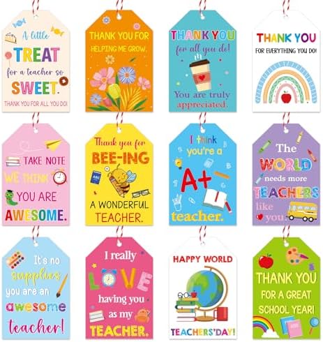 60Pcs Thank You Teachers Tags with String Teacher Appreciation Tags Colorful Thank You Gift Tags Hanging Labels for Classroom Teachers Appreciation Day Back to School Party Favor Decor