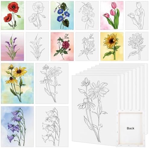 8 Pack 8x10 Inches Flowers Theme Pre Drawn Canvas to Paint